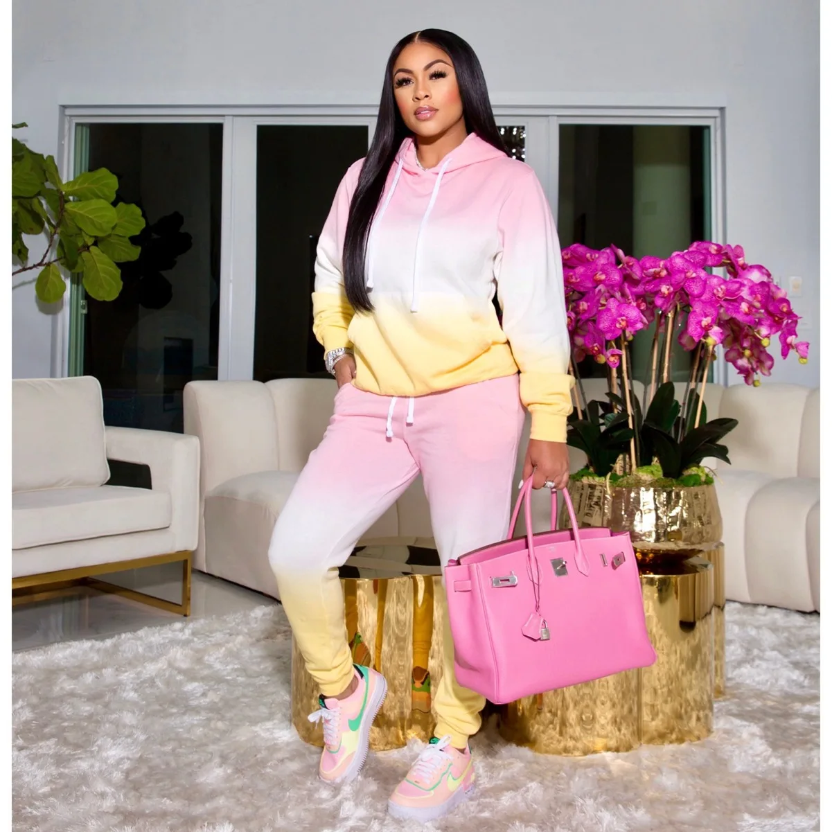 Hooded Gradient Tracksuit 2 Pieces Sportwear Sets with Pockets Women Long Sleeve Hoodie Sweatshirt and Drawsting Sweatpants 2021 |