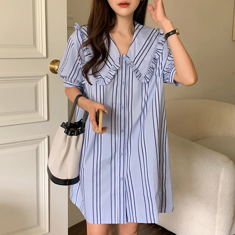 

Новинка 2021, летняя полосатая рубашка HziriP с открытыми пуговицами, женские блузки с круглым воротником и недостающим платьем, элегантное женс...