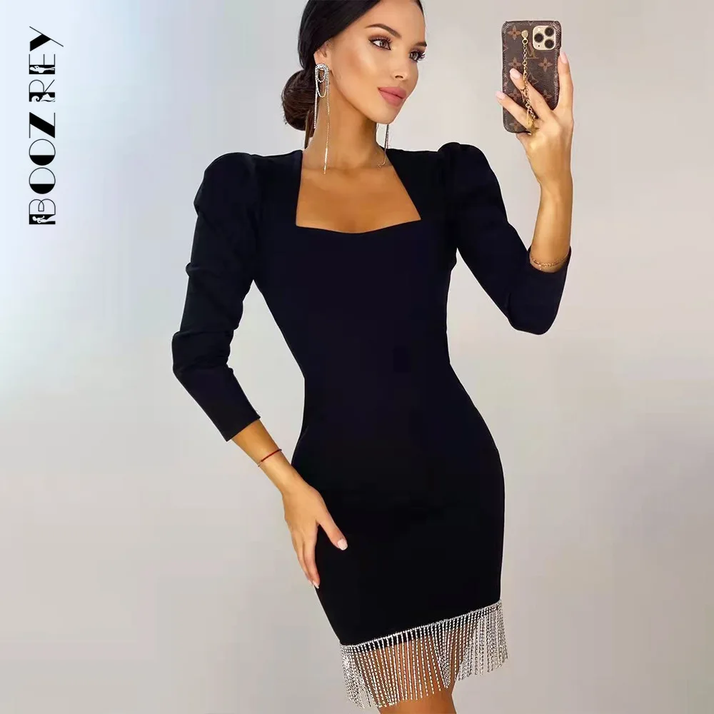 

Платье BoozRey женское вечернее с бахромой, элегантное однотонное облегающее мини-платье с пышными рукавами и квадратным вырезом для ночного к...