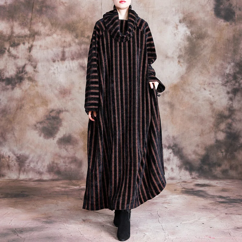 Johnature Women Bat Sleeve Dress Turtleneck Winter New Striped Plus Size Women Cloths Thick High Quality Loose Dresses