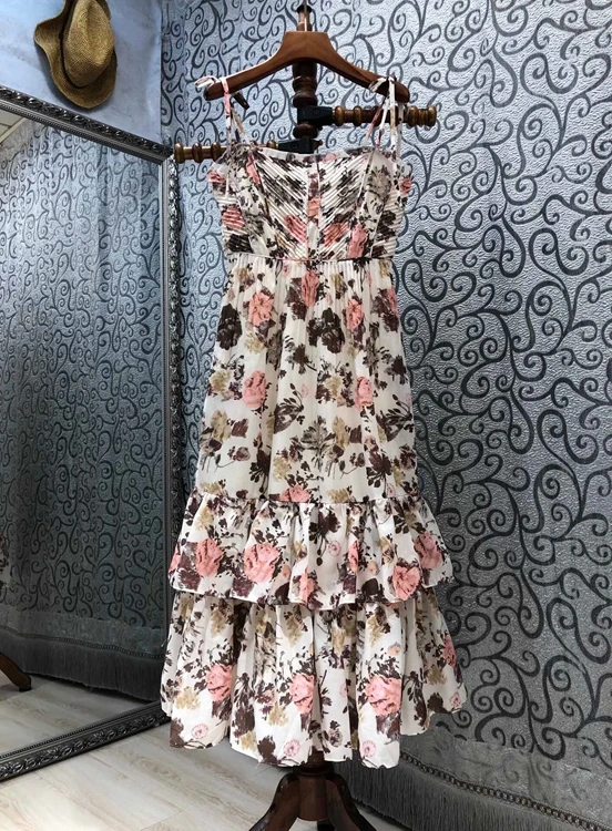 

2021 new women fashion sleeveless hem ruffle stitching off-shoulder print slim suspender skirt dress 510