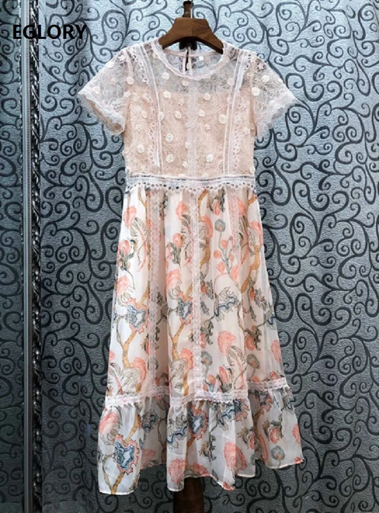 

Top Quality New 2020 Fashion Summer Dress Women Lace Embroidery Tunic Print Patchwork Short Sleeve Mid-Calf Pink Green Dress XL