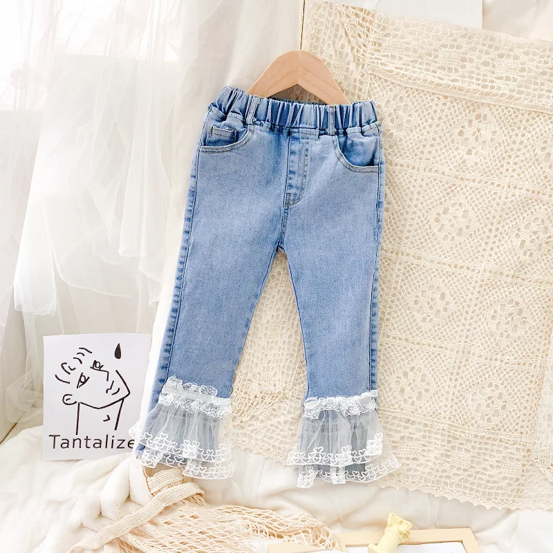

Girls' Jeans 2021 Spring and Summer Thin Section Baby Girl Fashion Lace Stitching Trousers Girl Pants Toddler Girl Fall Clothes