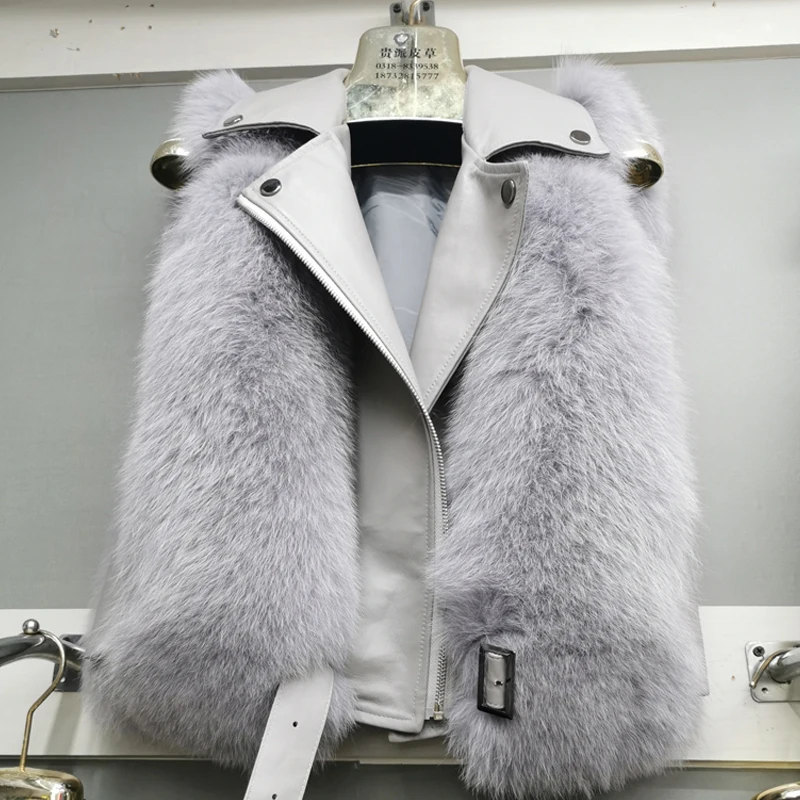 2022 hot new natural fox fur long vest real fox fur gilet winter high quality women fox with genuine sheepskin leathe