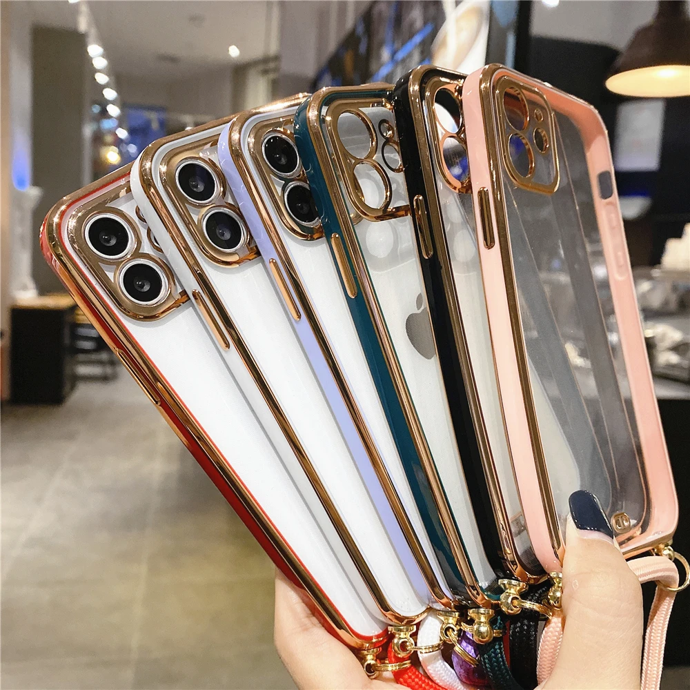 Fashion Electroplated Lanyard Strap Cord Chain Clear Soft Silicon Phone Case For iPhone 13 12 11 Pro Max XS XR 8 7Plus Mini SE X best iphone se case