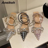 aneikeh elegant thin high heel party shoes sexy pointed toe pvc dots rhinestone decoration ankle buckle crystal bordered sandals