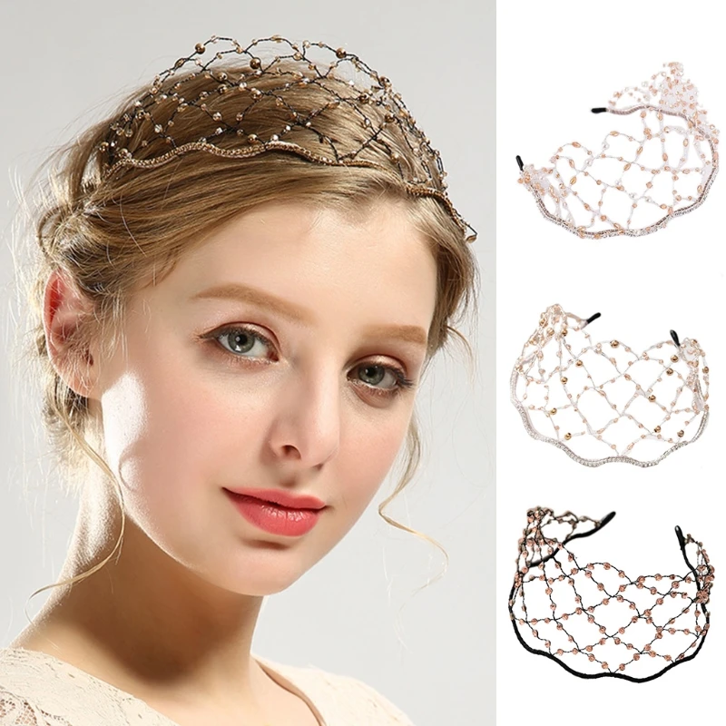 

2021 Baroque Vintage Luxury Crystal Head Chain Imitation Pearl Beaded Mesh Metal Headband Bridal Wedding Party Hair Hoop