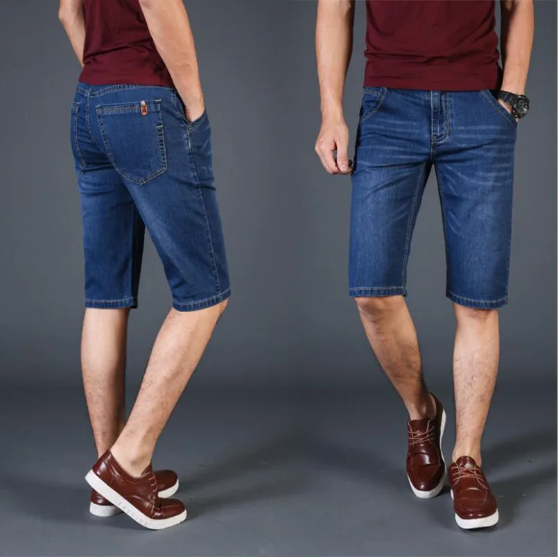 

Knee Length Big Size 40 42 44 46 Summer New Men Business Denim Shorts Fashion Casual Stretch Slim Blue Thin Short Jeans Male