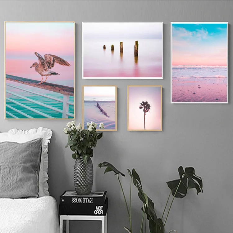 

Pink purple beach Ocean Canvas Poster Print Sunrise Coconut Landscape Art Painting Seascape Picture Wall Decoration
