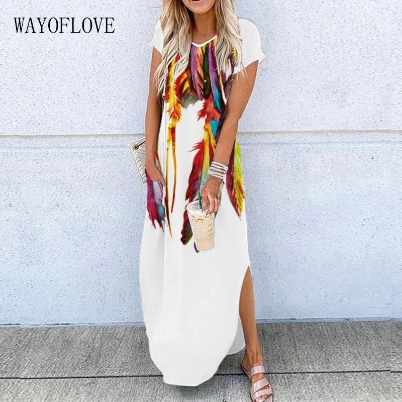 

WAYOFLOVE 3D Feather Print Sexy Split Dress White 2021 Summer Beach Plus Size Long Dresses Woman Elegant Short Sleeve Girl Dress