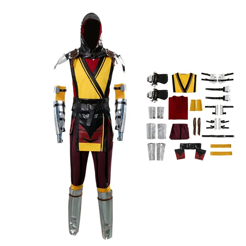 Ternos de Batalha Takerlama Mortal Kombat Escorpião Cosplay Colete Calças Homem Adulto Halloween Jogo Traje Roupas 11