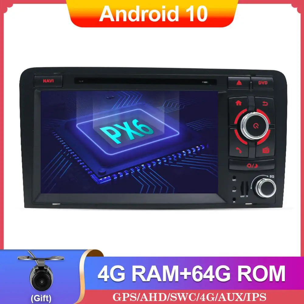 Автомагнитола PX6 на Android 10 для Audi A3 8P 2003 2012 S3 2006 RS3 2011 DVD GPS Carplay Wifi DAB 4 Гб + 64