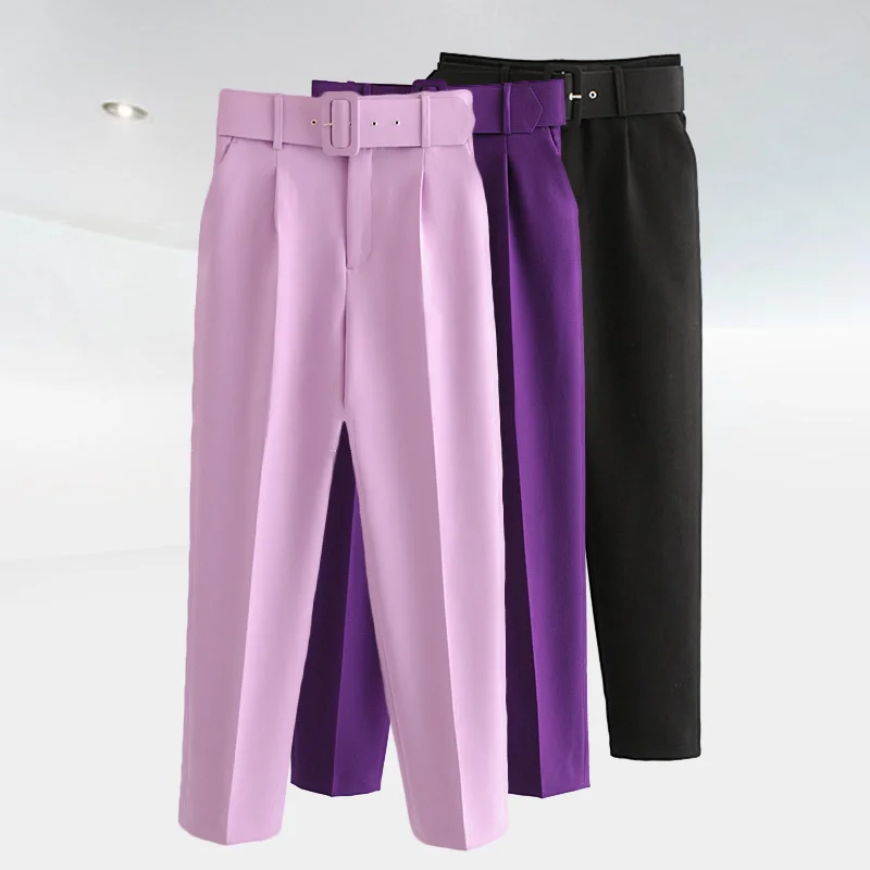 

2021NEW Aonibeier 2021 Za Woman Career Pant Office Lady Traf Straight Pants Belt Casual Ankle Length Women Trousers Oem Female