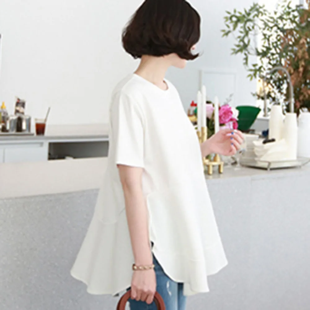 Женская футболка с круглым вырезом Однотонная синяя разрезом модель 2020 в