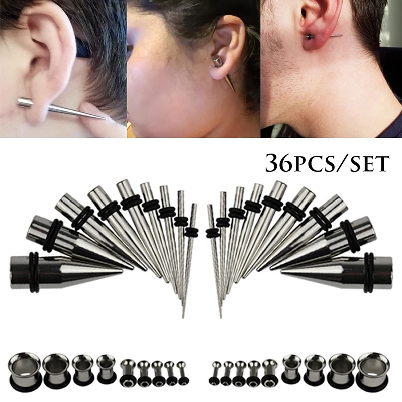 

36PCS Stainless Steel Tunnels Tip Cone Single Horn Ear Taper Expansion Flesh Tunnel Stretcher Kit Piercing Set Tragus Ear Plugs