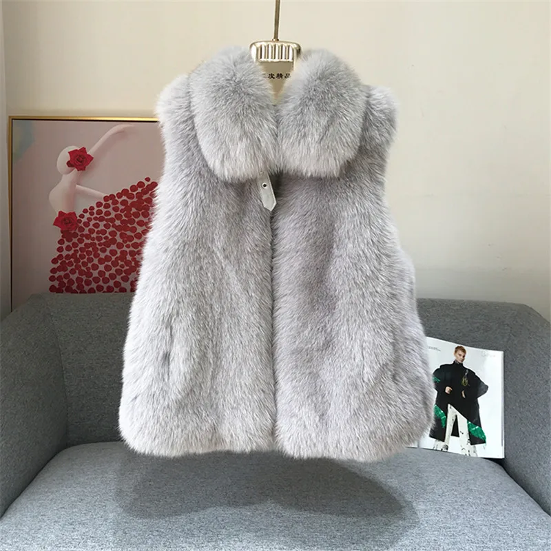 FURSARCAR 2021 Genuine Motorcycle Leather Fur Vest With Collar Real Natrual Fox Fur For Women Winter Whole Skin Waistcoat