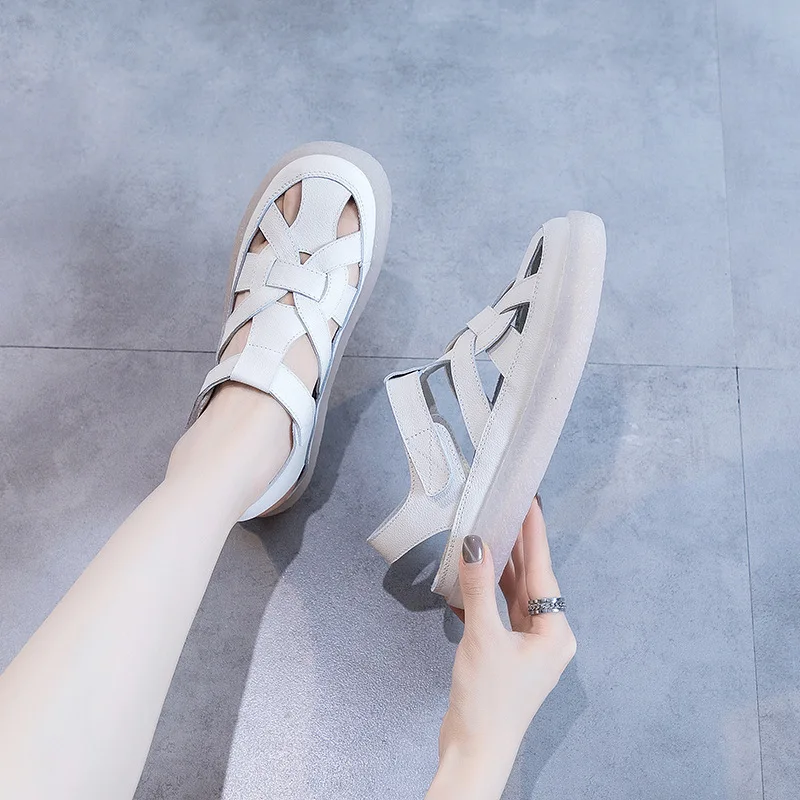 

Soft Bottom Summer Shoes Women Genuine Leather Sandals 2021 New Female Casual Shoes Hook Loop Summer Sandals for Women