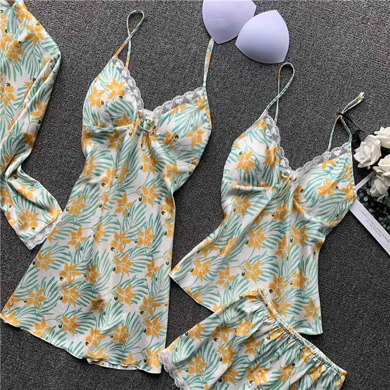 Женские пижамные комплекты сексуальные атласные кружевные шелковые пижамы 4