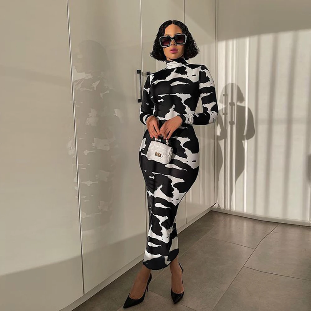 

Plus Size Women Tie Dye Leopard Printed Long-sleeved Turtleneck Bodycon Long Dress Robe Longue Femme Vestidos Roupas Femininas