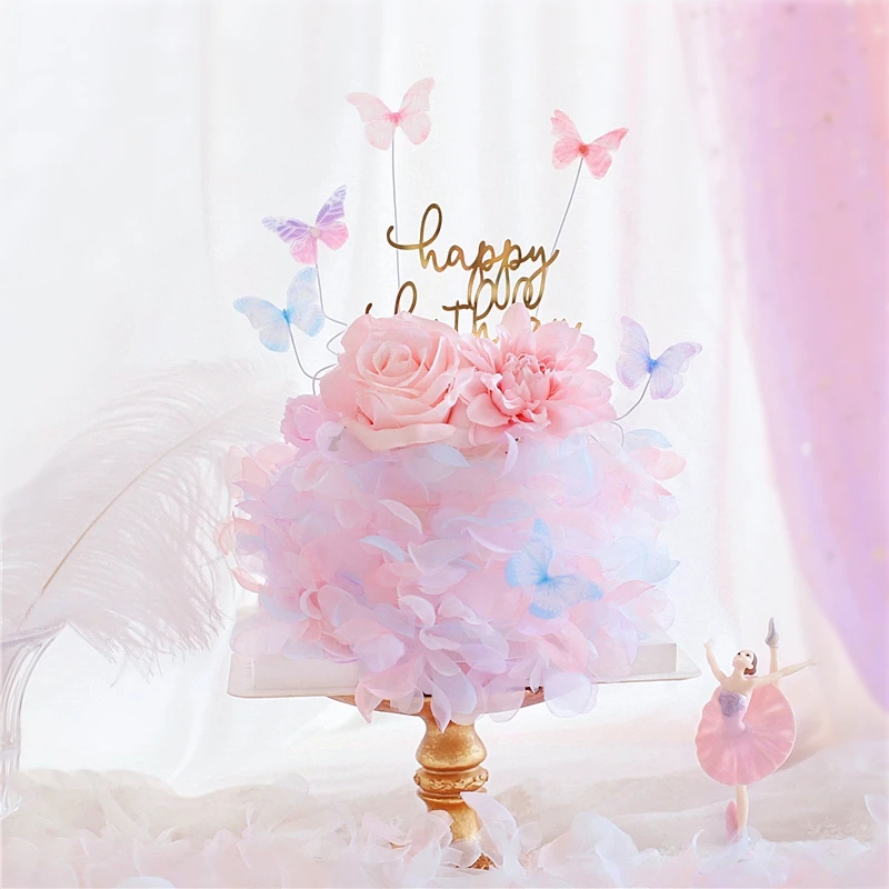 

Chiffon Pink Butterfly Cake Topper Acrylic Happy Birthday Flower Cake Border Wedding Party Decoration Baking Supplies Love Gift
