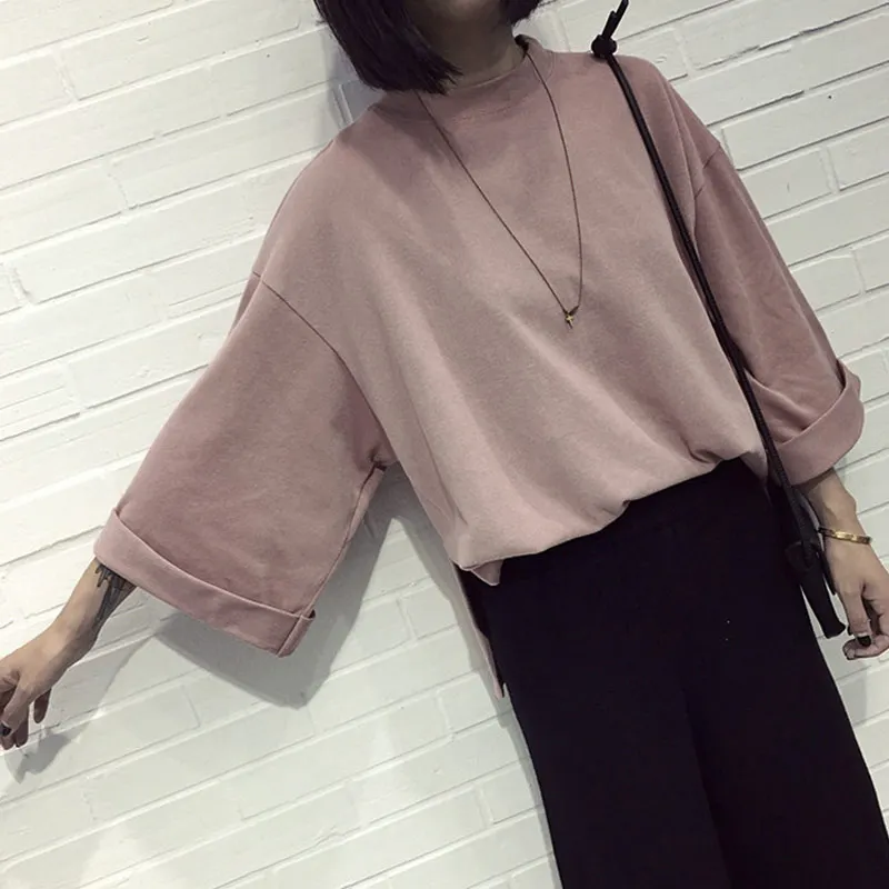 Newly Fashion Women 3/4 Sleeves T-shirt Oversize Loose Round Neck Minimalist Autumn Tops IR-ing | Женская одежда