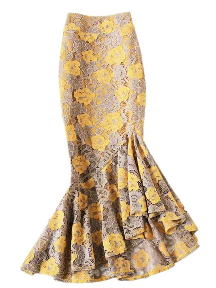 

Autumn Spring European Sweet Elegant Ladies Long Lace Skirts Women Fish Tail Mermaid Trumpet