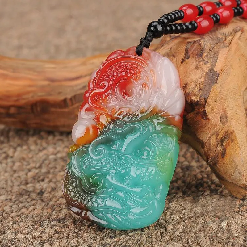 

Natural colorful lucky dragon jade pendant Praying for safety stone necklace for men or women