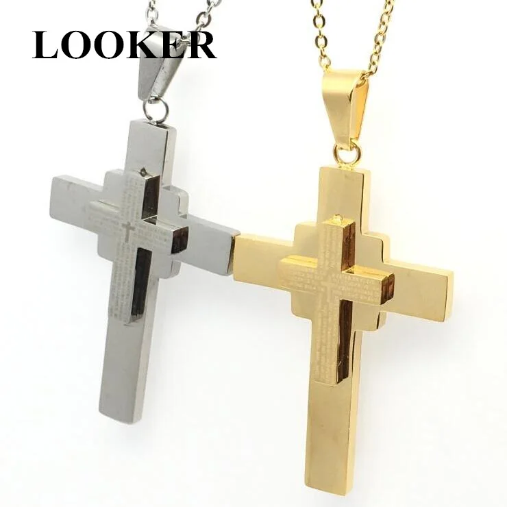 LOOKER Большой двойной слой из нержавеющей стали католический Библейский Крест