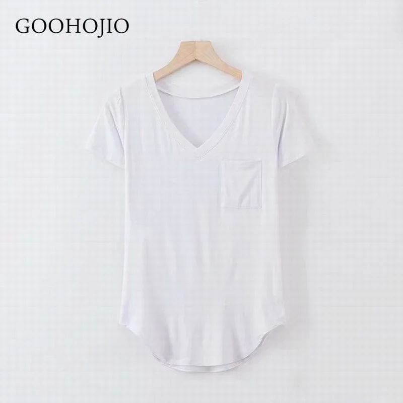 

GOOHOJIO 2021 New Spring and Summer All-match T-Shirts Women Simplicity Chic Women T-Shirt Solid Color V-neck TShirts for Women