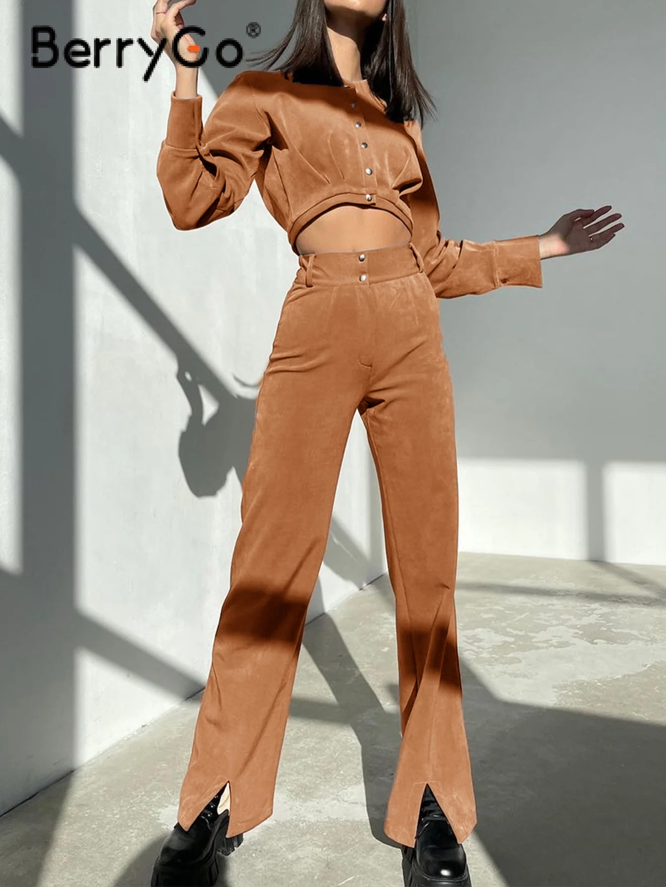 

BerryGo Autumn winter suede two piece sets women Fashion single breasted pocket casual set female Solid high waist long pant set