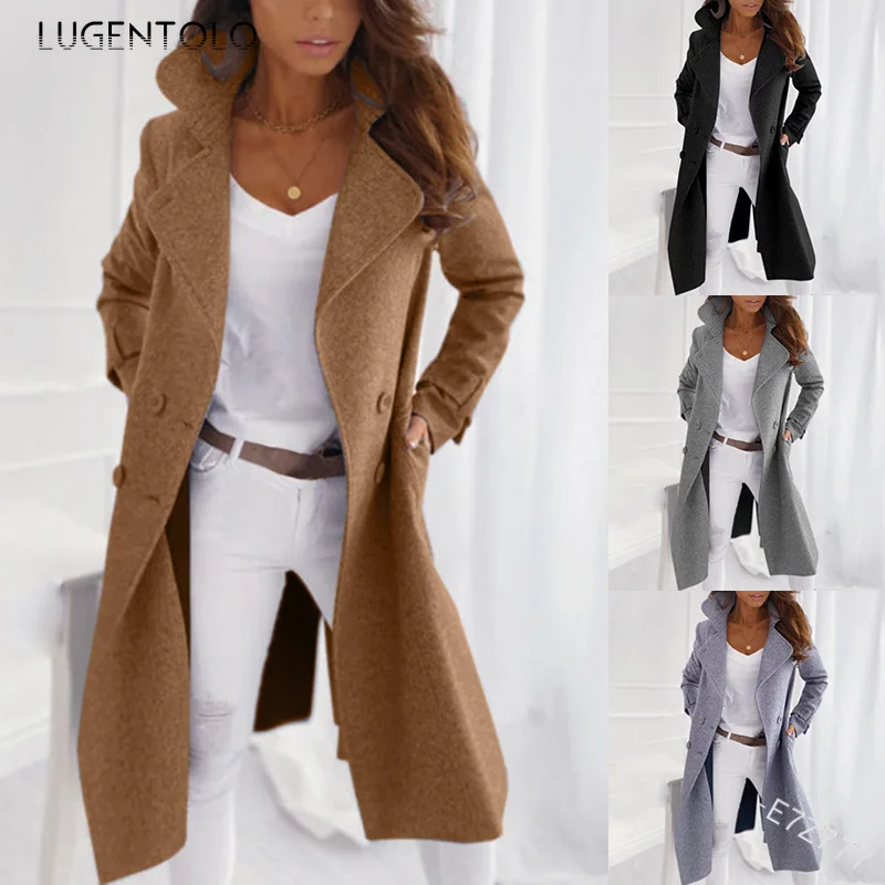 

Lugentolo Women Wool Coat Autumn Winter Casual Solid Color Lady Jacket Long Blends Coat Lapel Pocket Female Jacket Plus Size 5XL