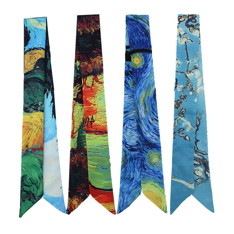 

Artistic Apricot Flower Starry Sky Oil Painting Slender Narrow Ribbon Binding Bag Decorative Silk Scarf Hair Band