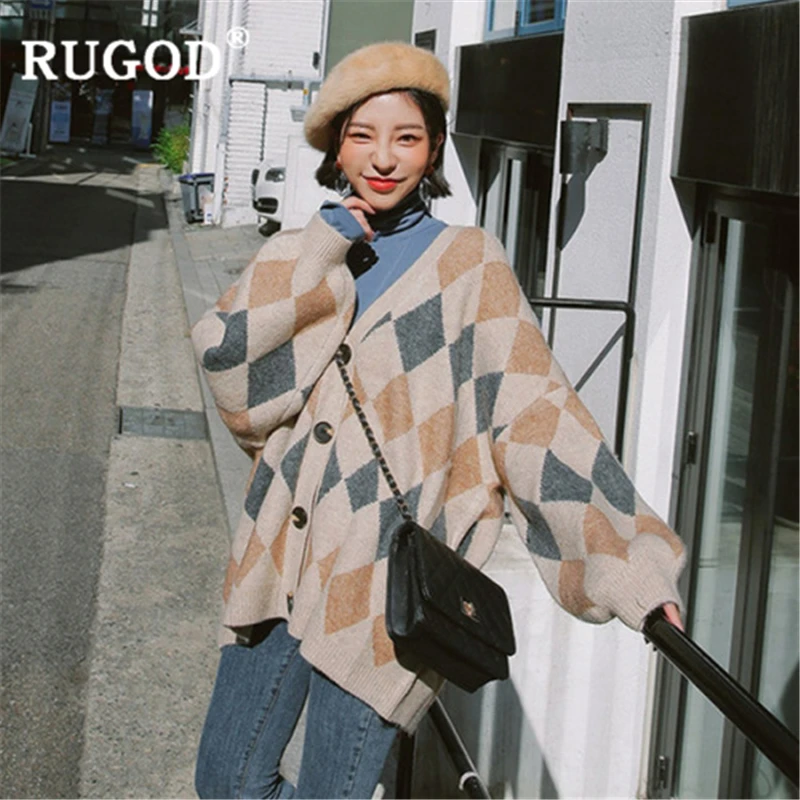 RUGOD, винтажные Модные женские рождественские кардиганы, клетчатые повседневные женские свитера с v-образным вырезом, вязанная зимняя одежда, pull femme hiver