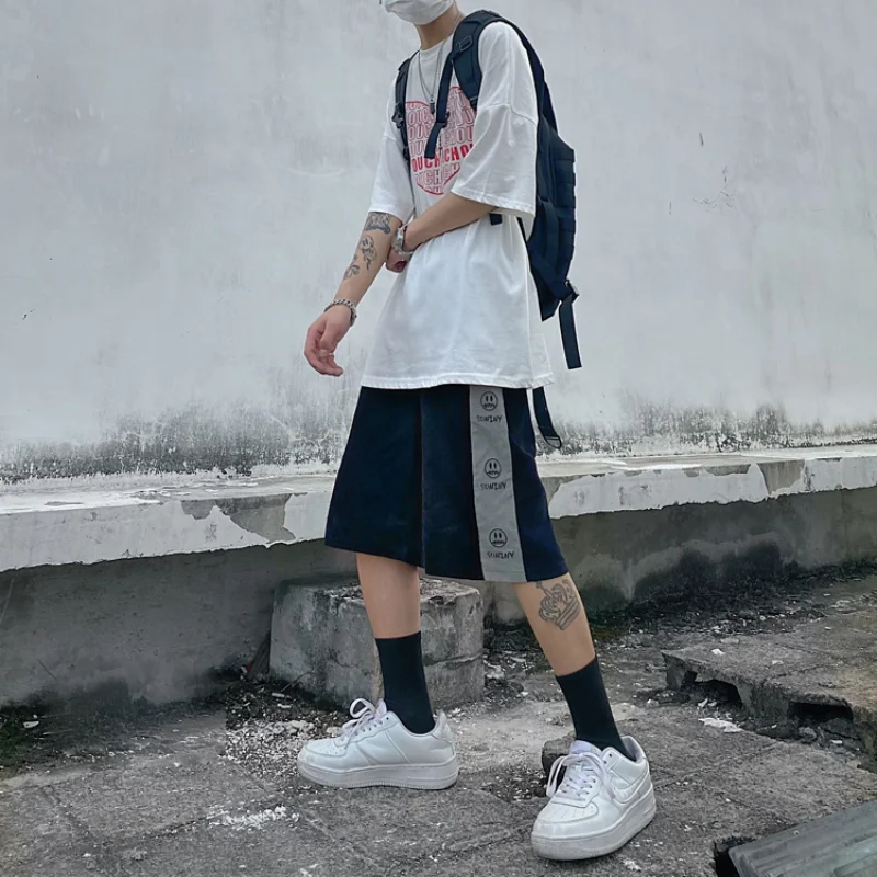 

Harajpoo Women Shorts Corduroy Summer Korean Ins Trend Smiley Face Embroidery Couple Straight Loose Five-point Pants Tide