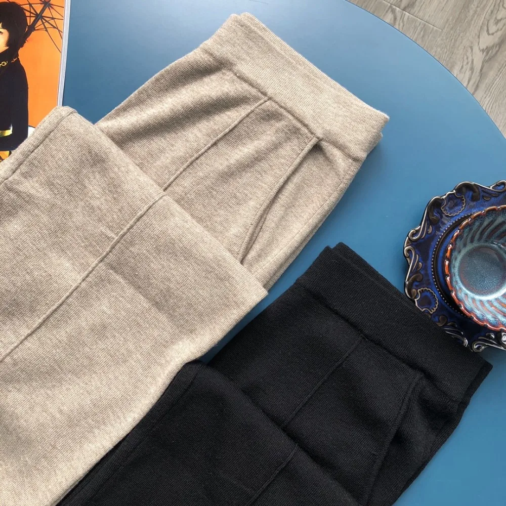 

2020 New Wide Leg Pants Women Knitted Elastic Waist Loose Autumn Female Long Troursers with Pocket