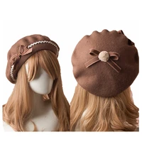 women cute beret with bow wool felt lolita hat raised grain bowknot painter beanie cap handmade