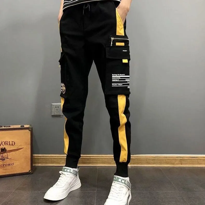 New Men Cargo Pants Black Ribbons Block Multi-Pocket Harem Joggers Harajuku Sweatpant Hip Hop Casual Tide Male Trousers | Мужская одежда
