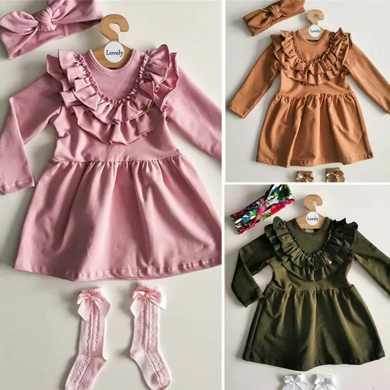 1-6Y Toddler Ruffle Dress Kids Baby Girls Party Casua Long Sleeve Headband Clothes Outfits Sundress | Детская одежда и обувь