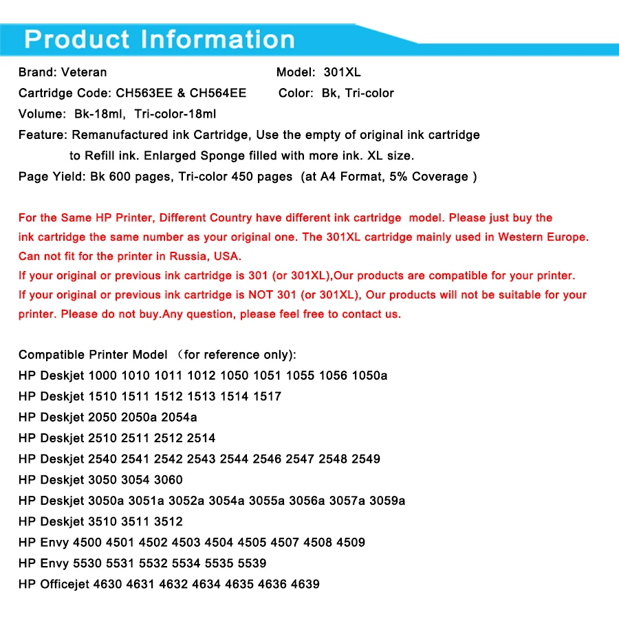 Картридж Veteran 301XL с черными чернилами для принтера HP 301 XL Envy 4500 4502 4504 Deskjet 2050 1000 1050 2510