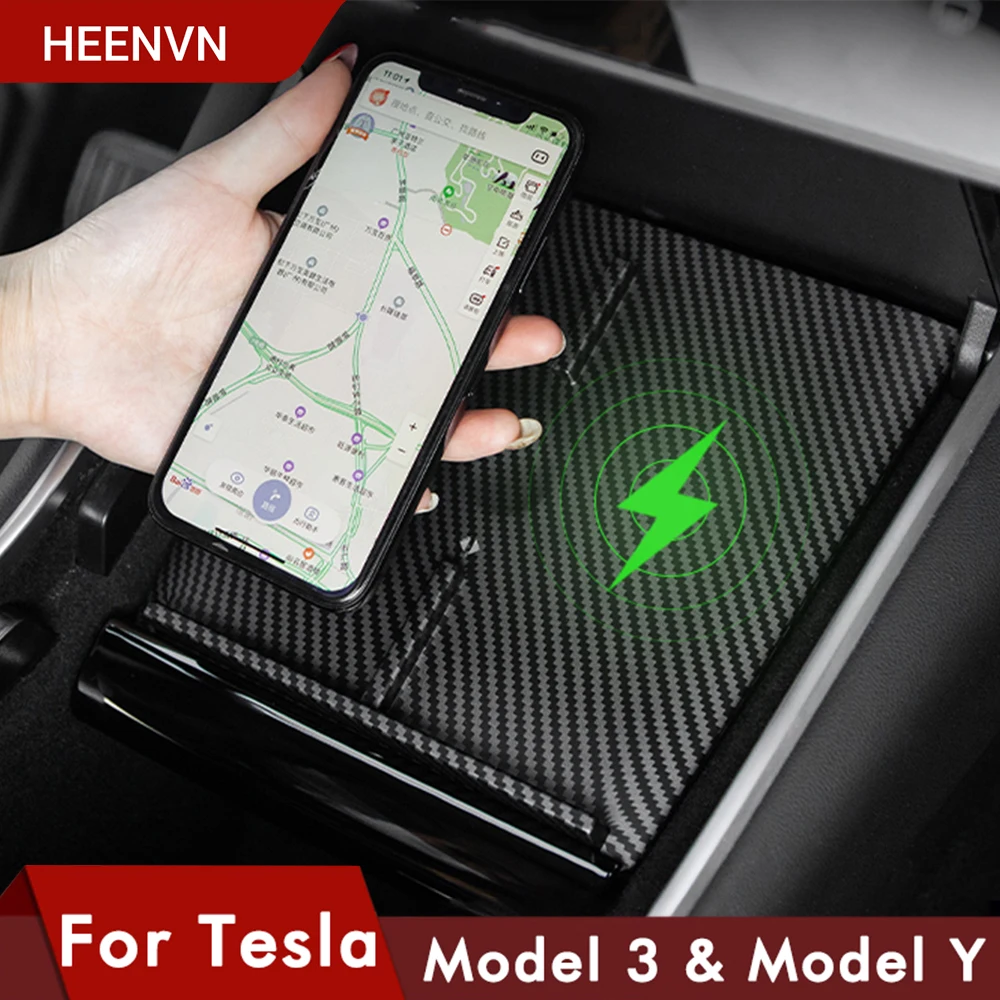 Heenvn Model3 Car Wireless Charger For Tesla Model 3 Y USB Ports Fast Charger Dual Phones Accessories Carbon ABS Model Three New