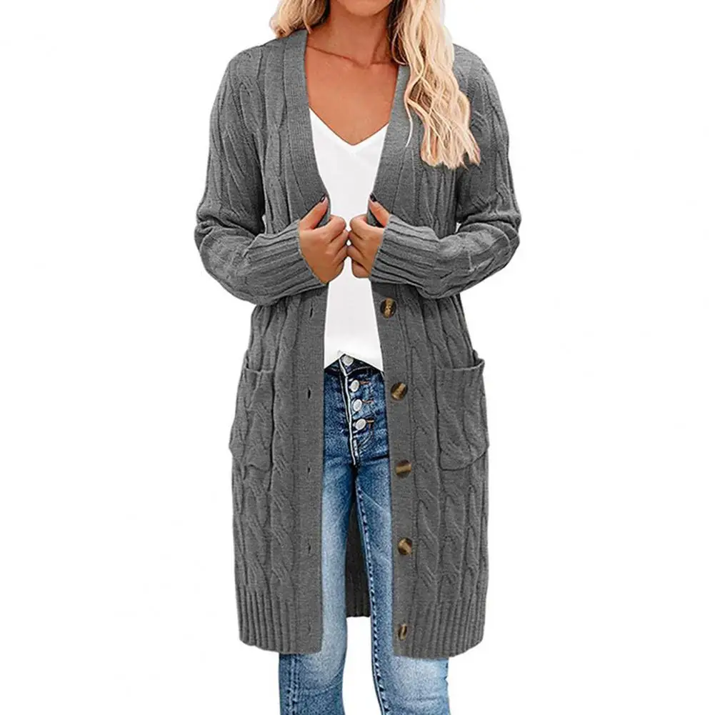 

Solid Color Long Sleeve Women Cardigan Button Down Pockets Open Front Twist Sweater Coat Outerwear кардиган женский