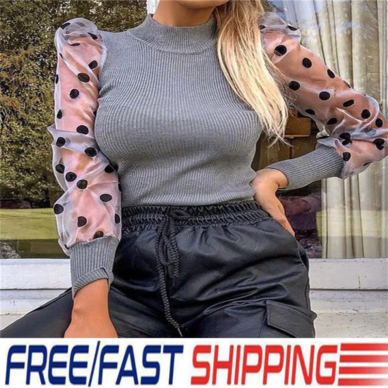 Женские Элегантные вязаные блузки сетчатые рубашки в горошек с длинным рукавом