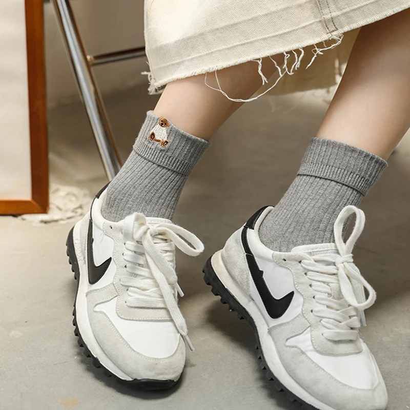 

Woman Sock 2 pairs Solid color kawaii Bear Embroidery Soft Cotton Women's short socks Flanging Casual Combination Suit Christmas