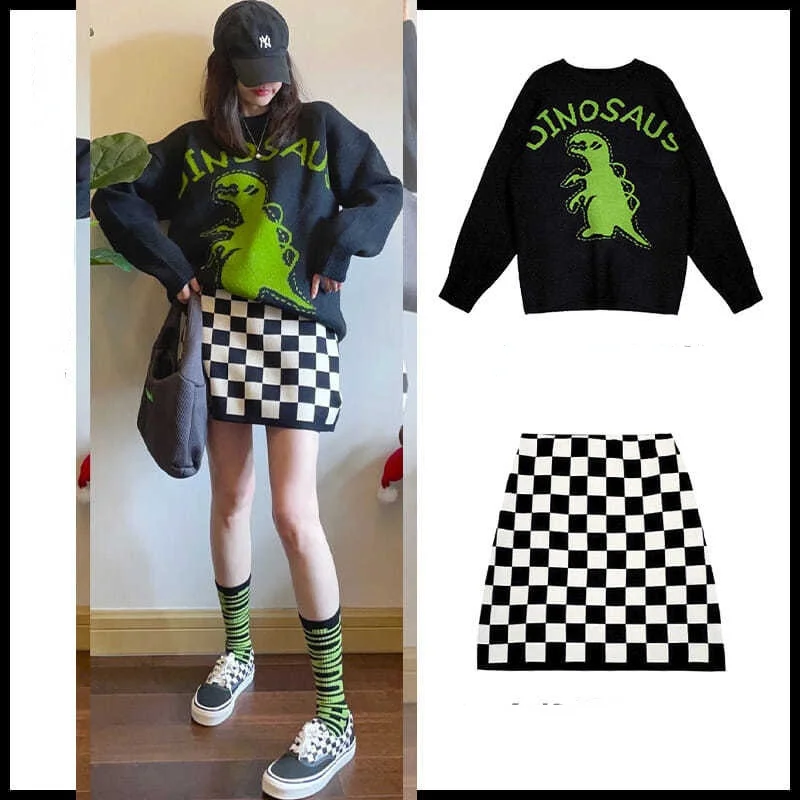 Женский костюм осень/зима новый стиль вязаный свитер с принтом свободная куртка +