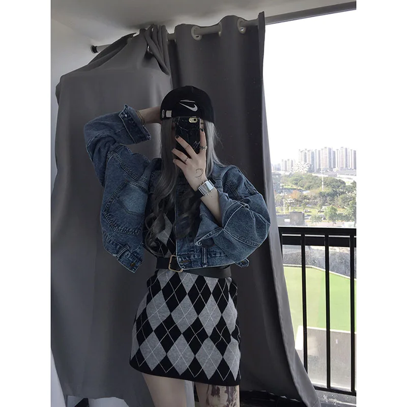 

Autumn all-match casual short long-sleeved jacket women loose retro net red short denim jacket джинсовая куртка пальто женское