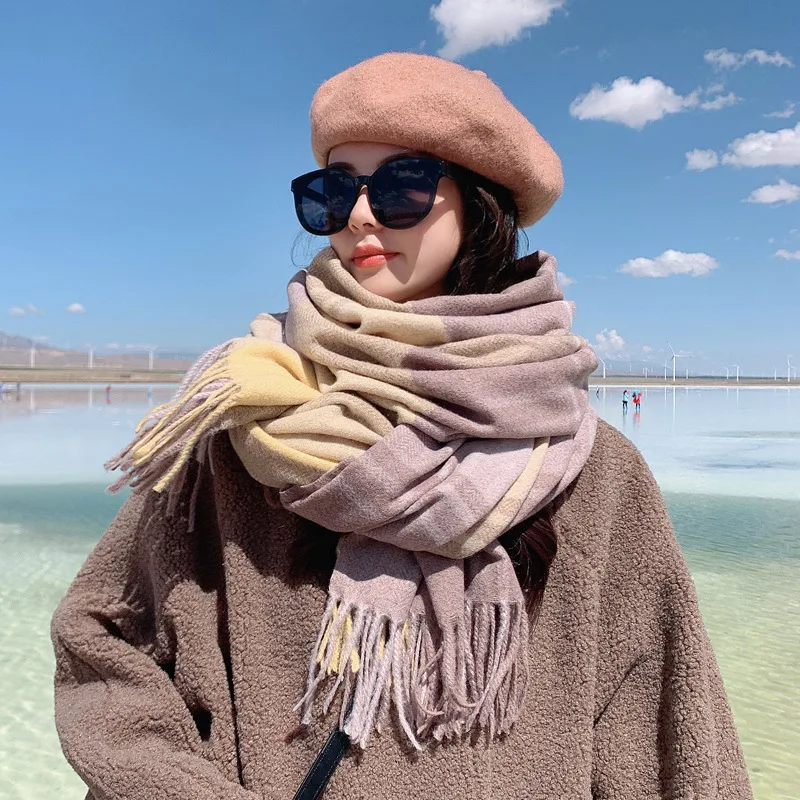 

Women Scarf Grid Long Scarf Female Edition Tide Fashion Thick Warm Winter Long Shawl Knitted Collar