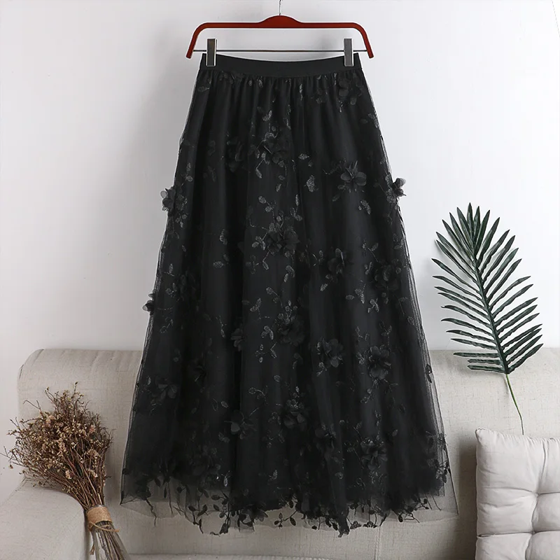 

2021Elastic waist Three-dimensional embroidery flowers Ruffle stitching mid-length skirt spring Summer new high waist skirt