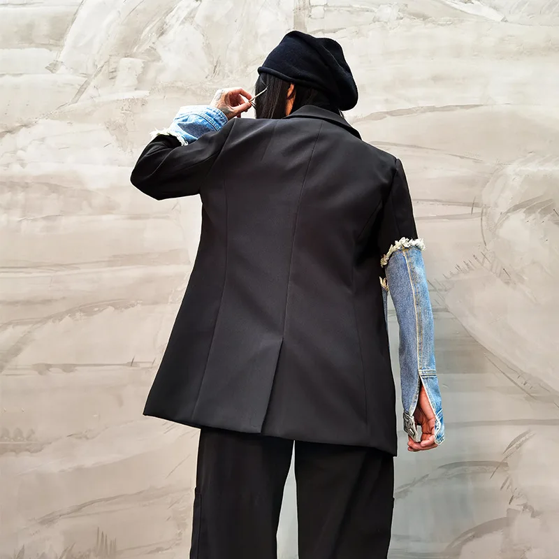 

2020 autumn women's new net red casual small suit female Korean denim color matching double-breasted design jacket