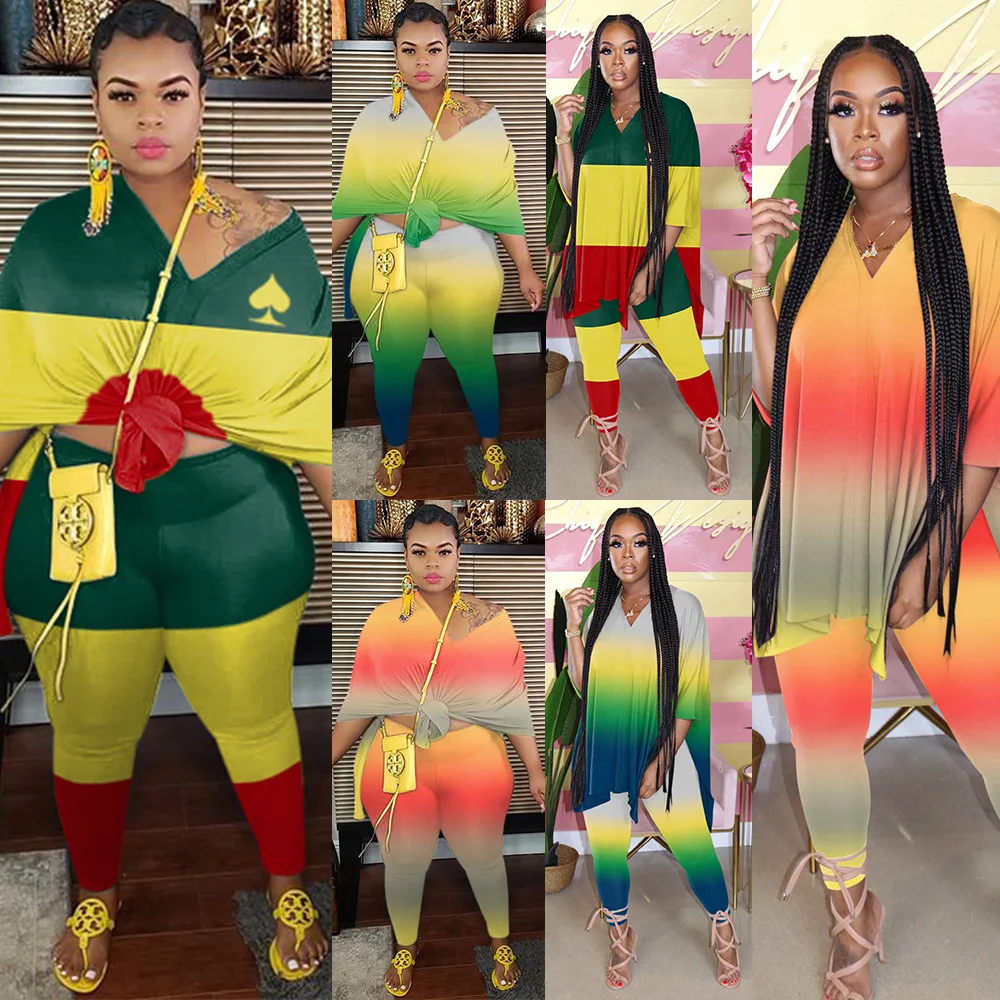 

Women's Set Plus Size S-5XL Gradient Print V-neck Tee Tops Jogger Sweatpant Suit Two Piece Set Sport Matching Set Outfit