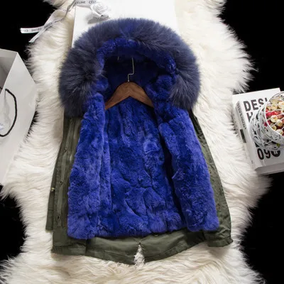 Olive top blue fur Г. Детские куртки из натурального кроличьего меха зимние пальто для девочек со съемной подкладкой из натурального меха, куртка для малышей меховой воротник енота - Цвет: Olive top blue fur